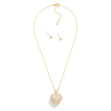 Gold Puffy Rhinestone Heart Pendant Necklace