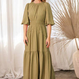 Solid Woven Tiered Maxi Dress: Dusty Sage