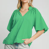 Green Bubble Sleeve Seersucker Top