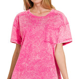 Hot Pink Acid Wash Round Neck Tee