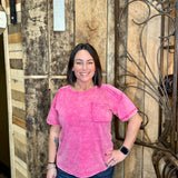 Curvy Hot Pink Acid Wash Round Neck Tee