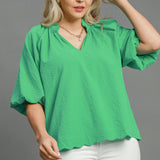 Curvy Green Bubble Sleeve Seersucker Top