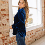 Blue Marjorie Long Sleeve Velvet Blouse